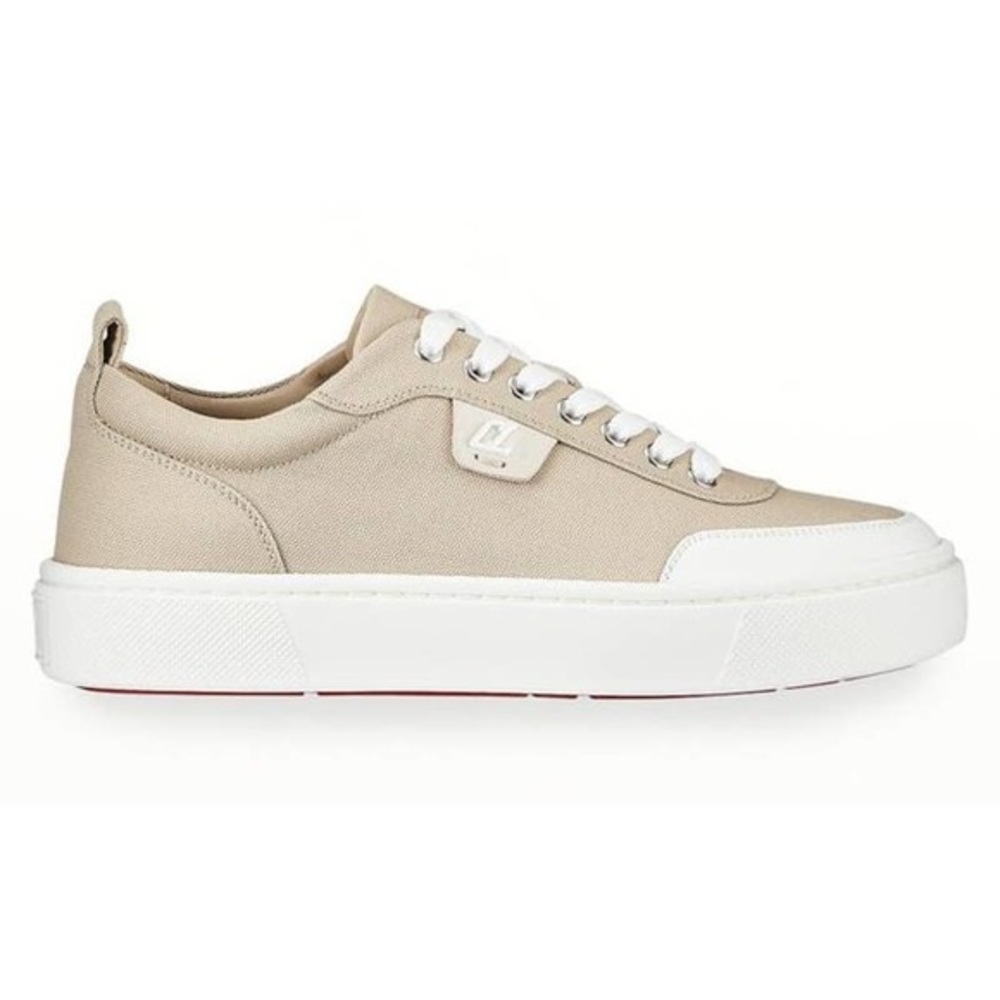 Christian Louboutin Beige and White Low-Top Sneakers with Subtle Red Sole